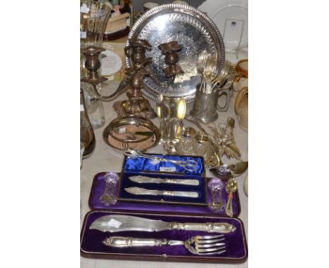 Silverplate - a circular salver;  a cruet set on stand;  flatware, cased fish serving set ;  soup ladle, candelabrum; etc qty