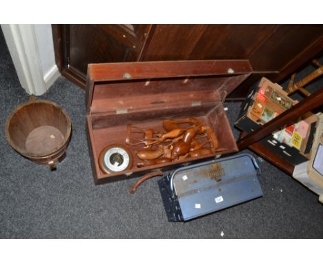 A stained pine toolbox; another metal toolbox; an oak circular wall barometer c.1930s; carved wooden animals;  etc 