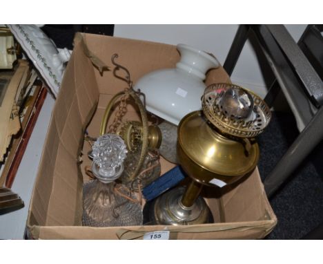 Household Goods - a brass oil lamp; cased flatware, a cut glass ships decanter (1 box)