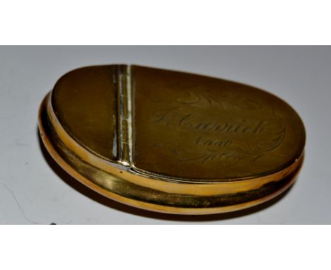 A Victorian brass snuff box, hinged lid, 