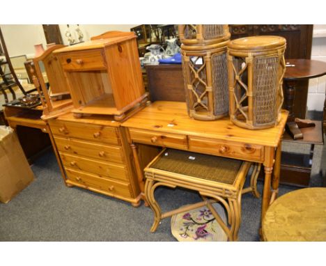 A late 20th century pine chest of four long drawers; a pine dressing dressing table; a pine dressing table mirror; a pair of 