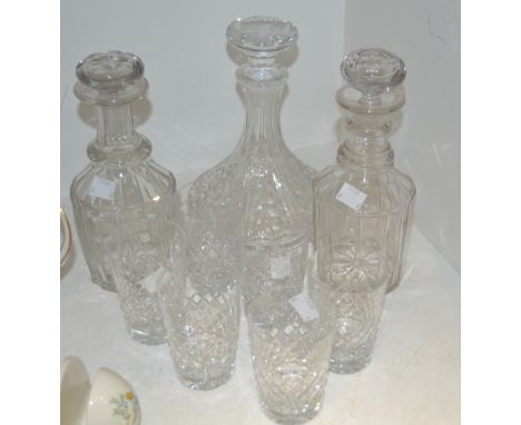 Cut Glass - a cut glass ships decanter, mushroom stopper; a pair of 19th Century decanters; six cut glass whisky tumblers.
