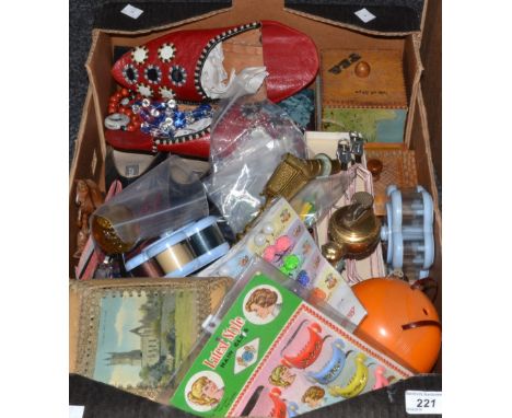 Ephermera - lady' shoes; collar clips; tea caddy; laundry tongs; table lighter; braid; etc (1 box)