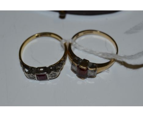 A 9ct gold ruby and diamond engagement ring; another similar (2)