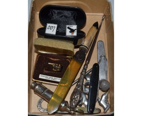 Gentleman's Ephemera - Fruit knives; 007 cufflinks; acme whistle; letter opener; silver button hook; etc