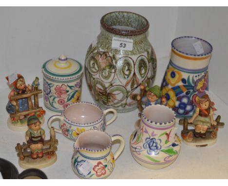 Decorative Ceramics - a Poole pottery preserve jar and cover; cream jug; vase; a Hummel figure; others; Denby stoneware vase