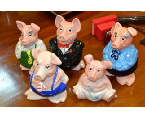 A family of five Wade Nat West pig money banks, comp Sir Nathaniel, Mother, Woody, Annabel and baby, each with stopper
