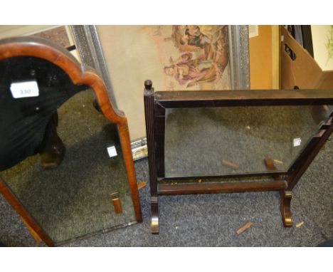 A 19th century mahogany rectangular dressing mirror, sledge base;  another, walnut, arched rectangular (2)