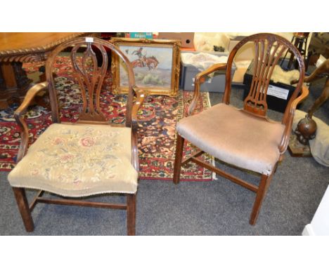 An 18th century mahogany Hepplewhite elbow chair, tapestry seat;  another (2)