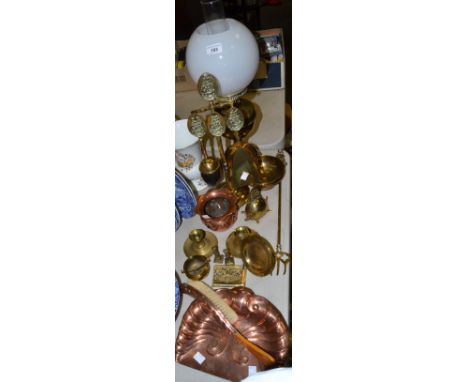 Copper and Brassware - a brass oil lamp; brass fireside companion; a copper Art Nouveau crumb tray and brush; etc
