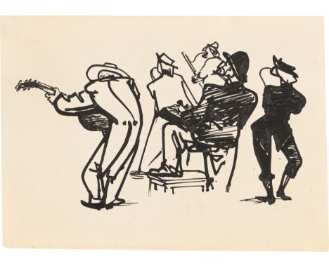 (See below for english version)„Fünf Musical-Clowns“. Um 1957Tuschfeder auf Papier. 15,3&nbsp;×&nbsp;21&nbsp;cm ( 6&nbsp;×&nb