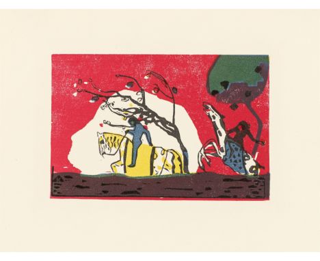 (See below for english version)„Zwei Reiter vor Rot“. 1911Farbholzschnitt auf Papier. 10,4&nbsp;×&nbsp;15,8&nbsp;cm (33,2&nbs