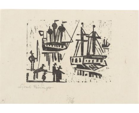 (See below for english version)„Angler und Schiffe“. 1919Holzschnitt auf Japanbütten. 8&nbsp;×&nbsp;11,5&nbsp;cm (13&nbsp;×&n