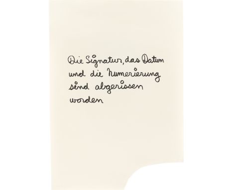 (See below for english version)„Die Signatur, das Datum und die Nummerierung sind abgerissen worden“. 1973Serigrafie auf Veli