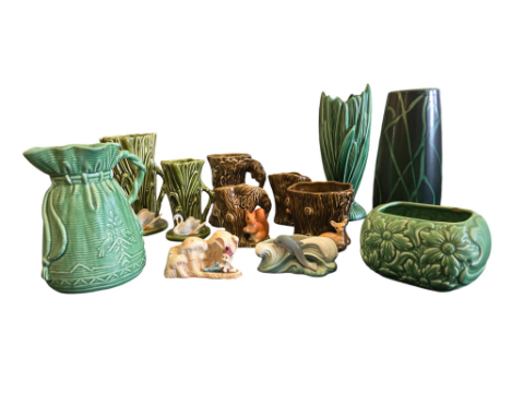 A collection of Sylvac pottery to include  Dolphin posy vase -5190 Green Hyacinth leaves vase - 2453 Art Deco "Falcon" Doroth