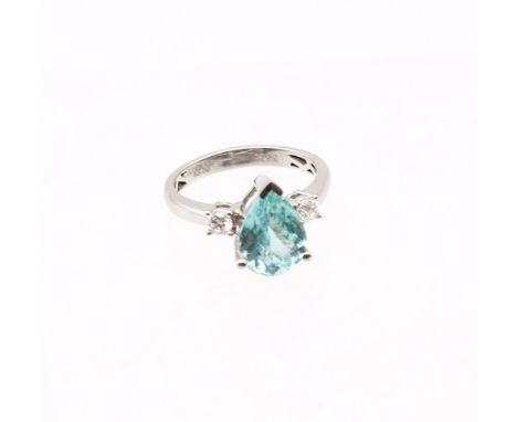 Platinum Paraiba Tourmaline and Diamond Ring&nbsp; The ring consists of a Pear Shaped Mixed Cut Pale Greenish Blue Paraiba th