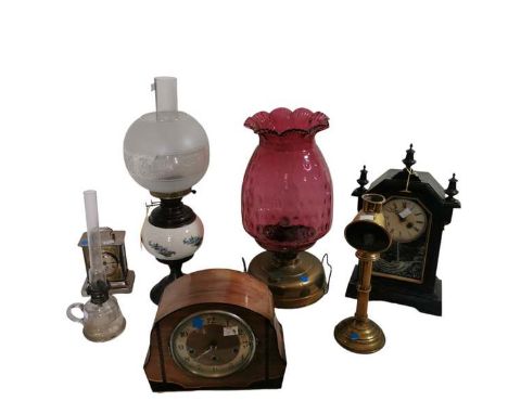 A primus stove style lamp with large cranberry glass shade together with; two oil lamps, a students brass lamp, a mahogany ca