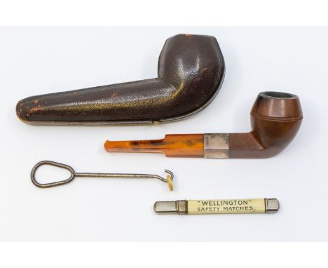 A selection of Collectors Items.  To include a Cased Wooden Pipe with Sterling Silver Band, a Pencil and a Button Hook.  The 