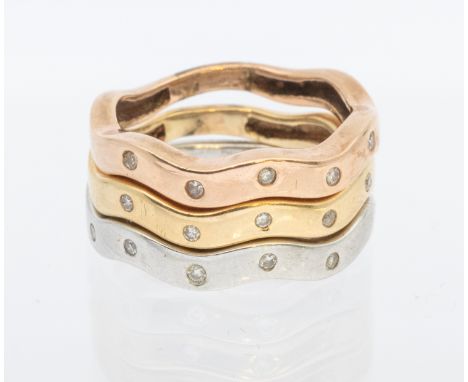 Tested 14ct Gold Tri-Coloured Diamond Puzzle Ring. The Puzzle Ring consists of three stacking rings in Yellow, White and Rose