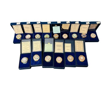 A collection of fifteen Halcyon Days enamel boxes, mainly relating to Valentine's Day, boxed and with certificates P