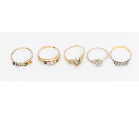 A selection of Gold Rings.  To include two 9ct Gold Rings (missing stones), an 18ct Gold Platinum Four Stone Ilusion Set Diam
