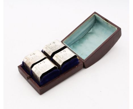 Set of Four Boxed Victorian Sterling Silver Fisherman Napkin Rings.  They are hallmarked "EF" makers marks, the leopard assay