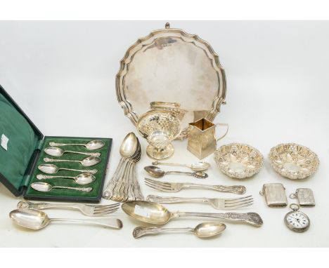 Selection of Silverware and a Ladies Continental "800" stamped Silver Pocket Watch (A/F). Broken Glass and hands loose.  To i
