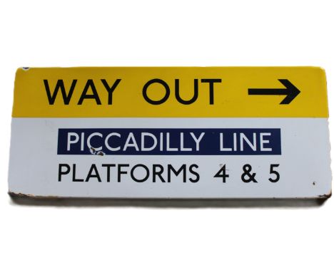 A Yellow,  Blue and White Enamel  "London underground  " Way Out" sign ( Piccadilly Line) 37cm x 92cm  