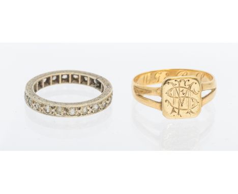 Two Gold Rings. To include a Tested 18ct Gold Engraved Signet Ring and a 9ct Gold Cubic Zirconia Full Eternity Ring. The Unma
