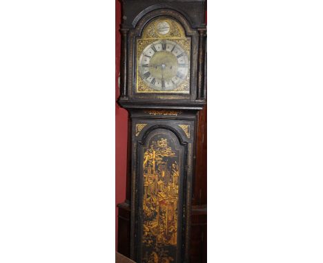 A Queen Anne period Japanned longcase clock with brass face bearing the name; Joseph Fordham, Braintree, with an 8-day key wo