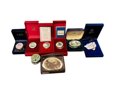 A Halycon Days limited edition enamel box "The Romantic Box" no 277/500, a Halcyon Days claret label, the Valentine's Day box
