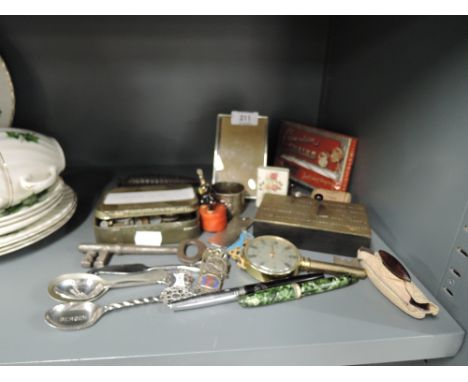 A miscellaneous selection including a Mentmore Celeste fountain pen and another similar, a tin of various coins, thermometer 
