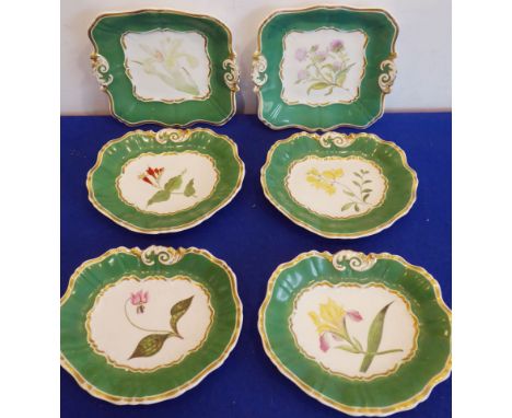 A 19th century part ceramic dessert service to include: two square plates and four further scallop-shell -shaped plates, each