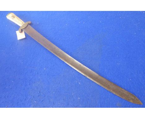 A 19th century hunting sword; tapering bone handle and floral engraved brass cross-guard, plain oval brass pommel; 58cm sabre