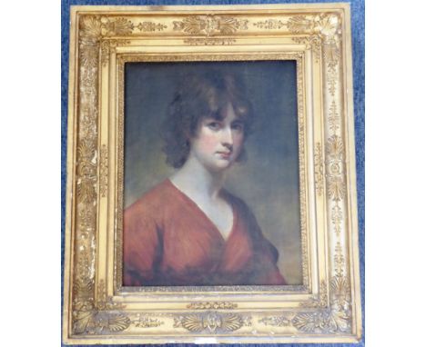 In the style of John Opie (1761-1807), a gilt framed oil on canvas shoulder length portrait study of a beautiful young girl w