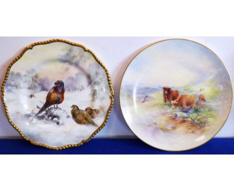 A Claremont Fine China cabinet plate decorated with Highland cattle signed 'R. Poole' (modern) together with one other simila