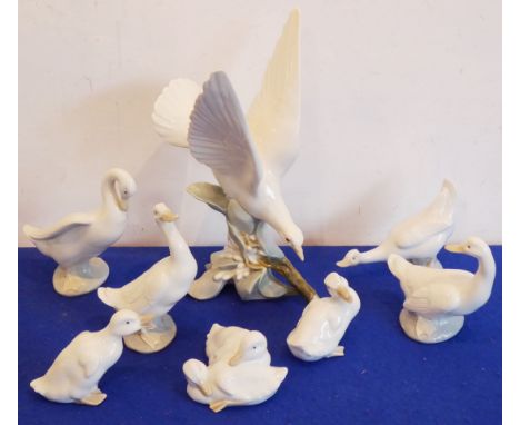 A Lladro porcelain model of a gull perched upon a leafy branch etc., together with seven other Nao models of ducks, geese etc