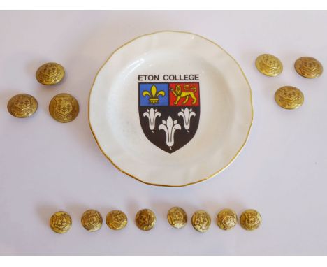 A set of six and a set of eight (smaller cuff buttons) Eton College gilded blazer buttons by the London Badge and Button Comp