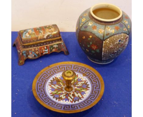 A mixed Oriental group to include a cloisonné ink stand with two interior ceramic inkwells , a cloisonné and gilt metal candl