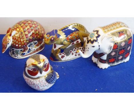 Four Royal Crown Derby paperweights: an armadillo, elephant, chameleon and tawny owl (4)  CONDITION REPORT: The large elephan