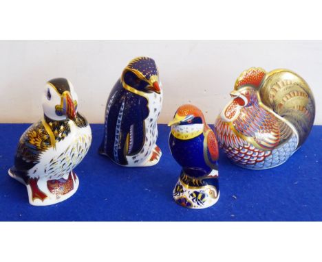 Four Royal Crown Derby paperweights: a puffin, a rockhopper penguin, a bee-eater and cockerel (4)  CONDITION REPORT: The puff