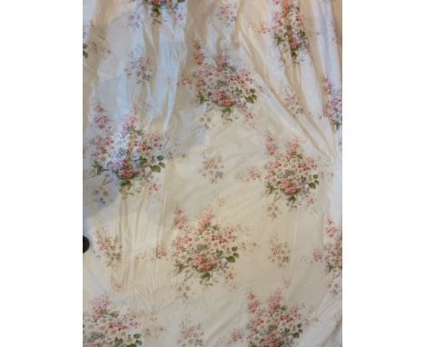 Two pairs of thermal-lined silk-effect curtains; light cream ground with pink  floral sprays (approx. dimensions -  2.7m drop