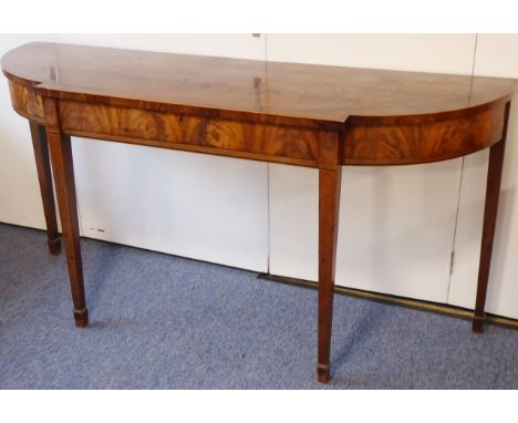 A late 18th century George III period breakfront mahogany and rosewood crossbanded serving table; single flush drawer and rai