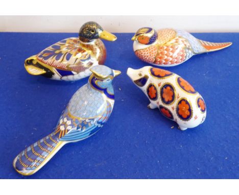 Four Royal Crown Derby paperweights: a pheasant, a mallard, a pig and a larger crested bird (4)  CONDITION REPORT: The pig ha