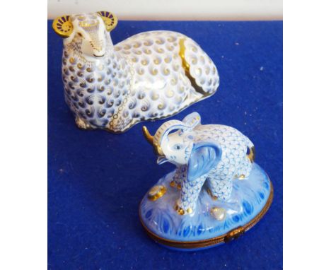 A Royal Crown Derby paperweight modelled as a recumbent ram ('gold button'), together with a Limoges porcelain trinket box mo