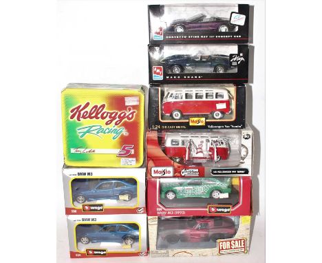 A group of 9 diecast models in boxes as follows: A "Kelloggs" NASCAR set of 2 models in tin, Burago B.M.W x3 in 1:24th scale 