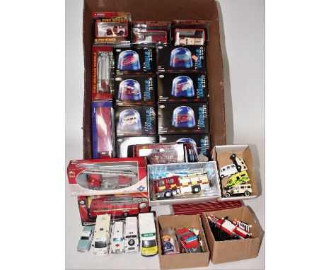 One box containing a quantity of various boxed and loose mixed scale fire service and emergency services diecast group to inc