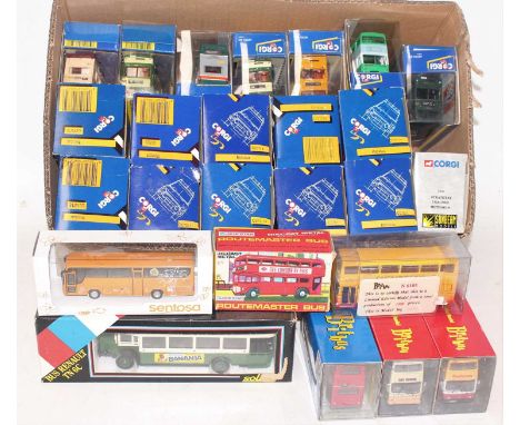 Two boxes containing a collection of various Corgi, Britbus, and Lonestar and other mixed scale public transport diecasts, to