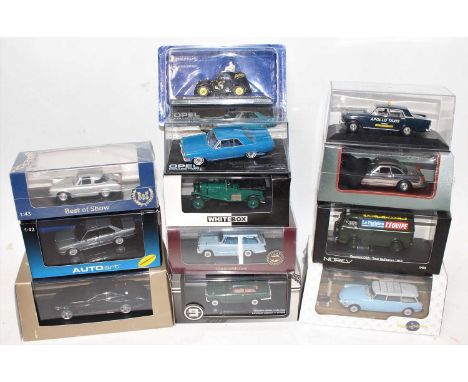 A group of 12 mixed diecast models boxed to include a Auto Art B.M.W, a Whitebox Bentley, a Norev Peugeot "tour de France" va