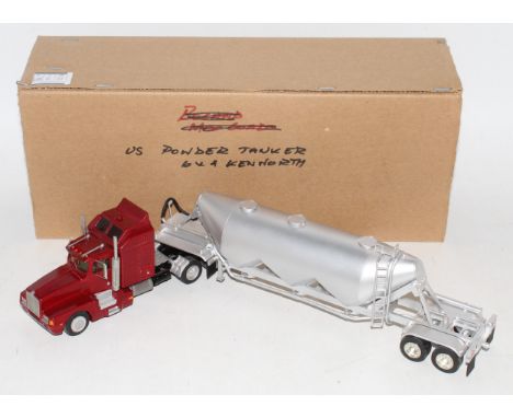 An ASAM ? 1/48 scale white metal and resin kit built model of a Kenworth 6x4 tractor unit with powder tanker trailer finished